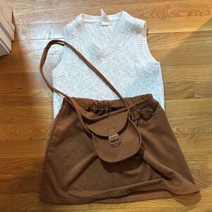 White Sleeveless Sweater and Brown Skirt Set